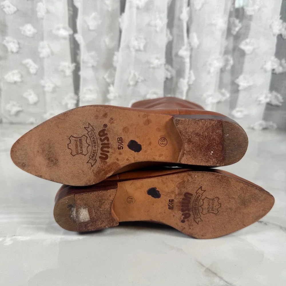 Vtg Unisa Cognac Brown Tall Leather Boots Western Boho Renaissance Fair 5.5 B